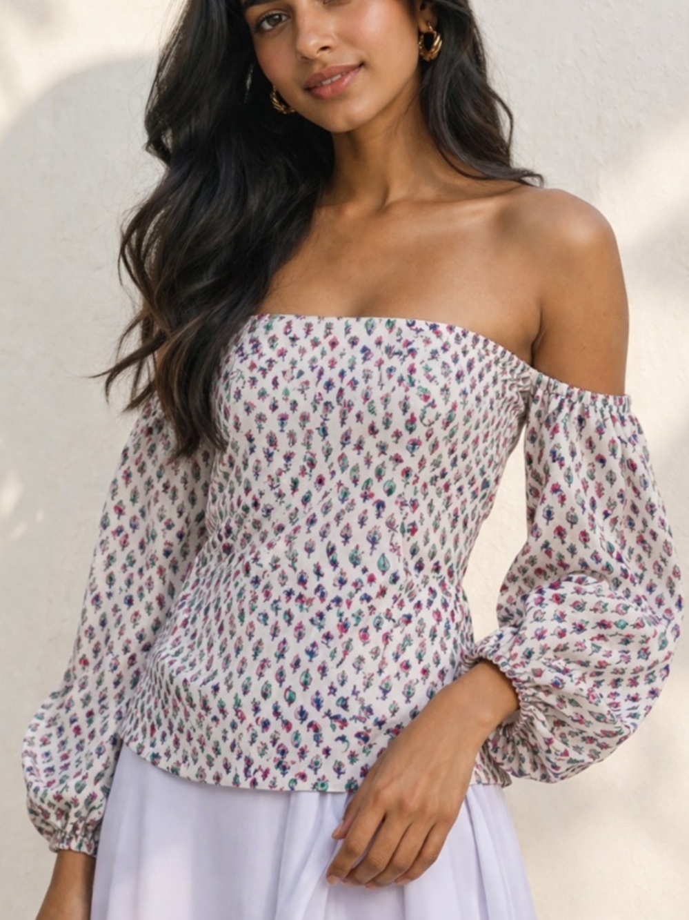 Alix of Bohemia lotus print off shoulder blouse top $535 resort spring summer